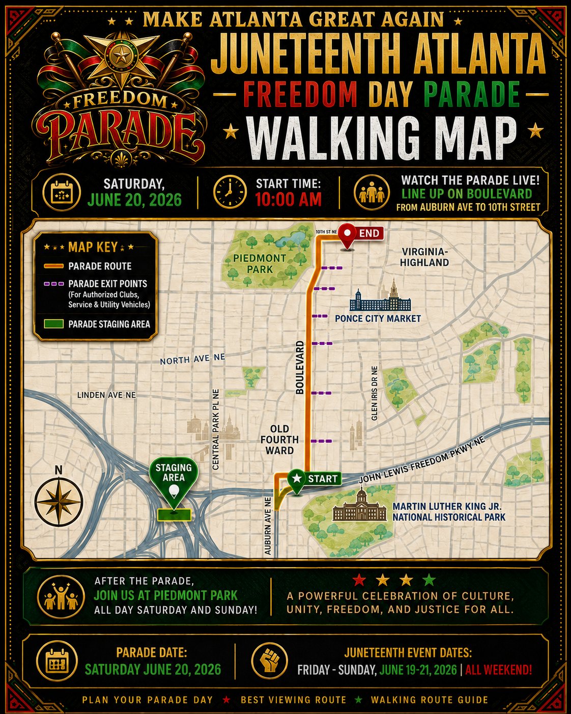Freedom Day Parade walking route from Auburn Ave to 10th St NE via Boulevard, ending at Piedmont Park